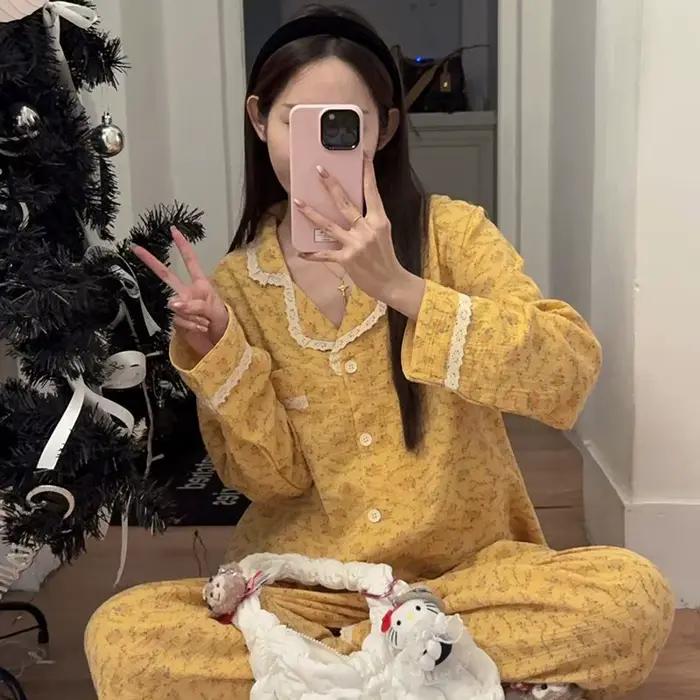 Pyjamas pour femmes, nouveau style, printemps et automne, ensemble deux pièces à manches longues, style français, pour la maison, photos réelles