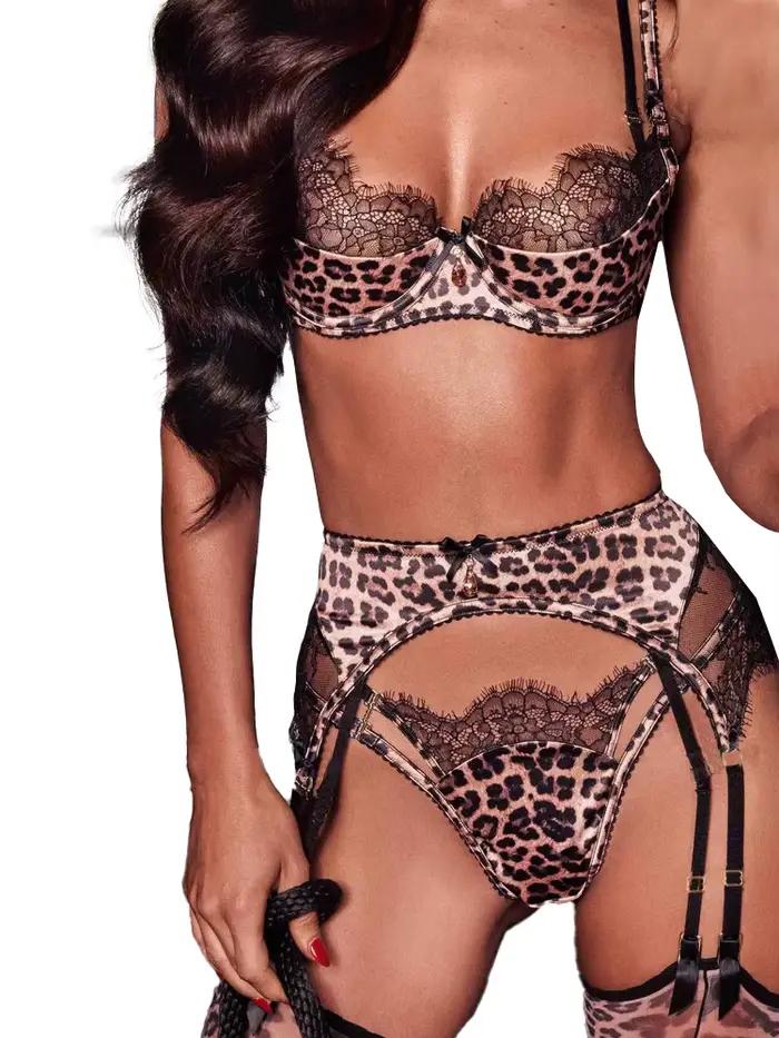 Ensemble de lingerie léopard Belamimi avec jarretelles et soutien-gorge, lingerie sexy en dentelle pour femme, tenue exotique sans censure