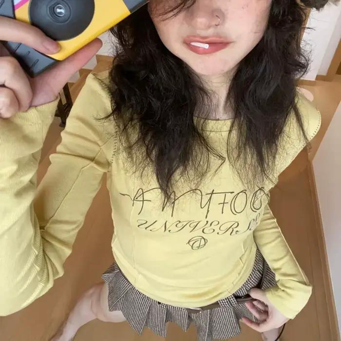 Karr233 Y2K Tričko so žltými rukávmi pre dievčatá Streetwear