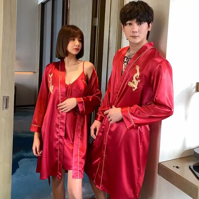Amoureux Robe en soie Robe ensemble Sexy 2 pièces ensemble de salon Satin broderie Dragon vêtements de nuit Robe dames vêtements de nuit solide chemise de nuit