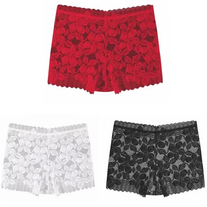 Culotte transparente taille moyenne en dentelle et maille florale ajourée pour femme, avec entrejambe en coton, anti-transparence, couleur unie