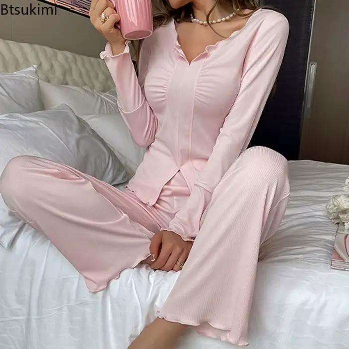 Ensemble pyjama sexy pour femmes, col en V, plissé, manches longues, haut et pantalon haut de gamme, vêtements de détente, 2 pièces, printemps-automne