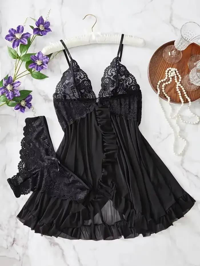 Femmes Chemise de nuit Sexy dentelle Chemise nœud Chemise de nuit vêtements de nuit solide mince robes douces col en V complet Slip vêtements de nuit et robes