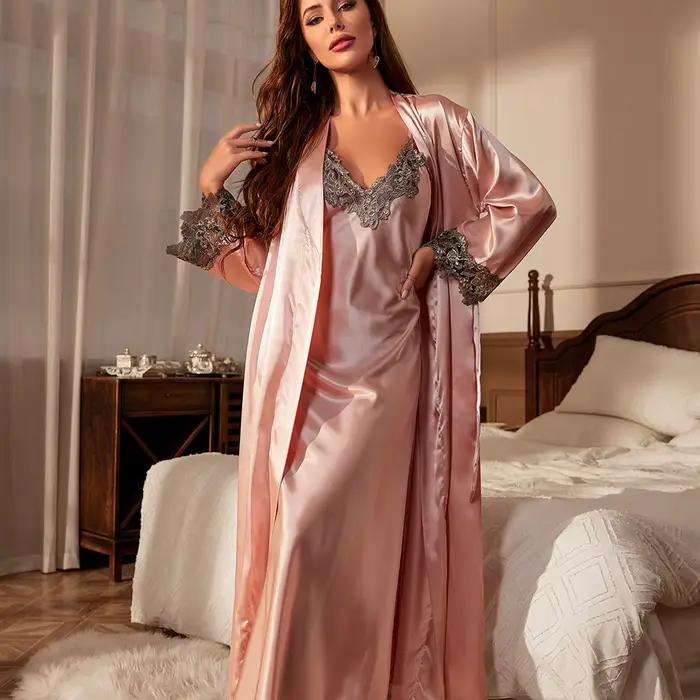 Dámsky dlhý Twinset nočný set jarné leto Kimono župan Šaty Sexy čipka lemovanie nočná košeľa Satén domáce oblečenie