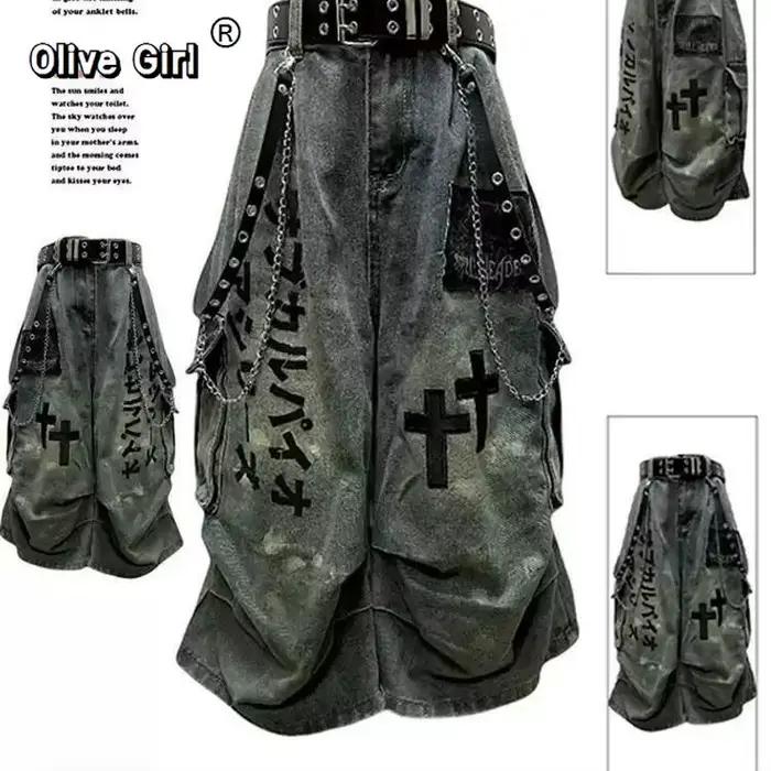 Veľká veľkosť lebka kríž dámske džínsy Denim nohavice americké retro atmosféra široké