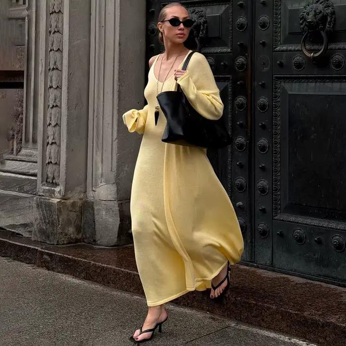 Tuularose dámske dlhé šaty 2-dielne jednofarebné pletené so špagetovými ramienkami a dlhými rukávmi Cardigan set ležérny