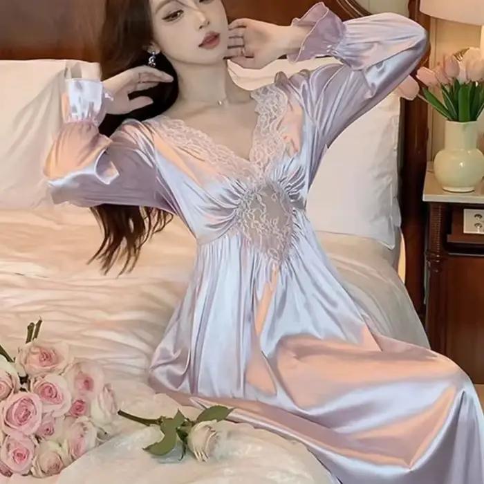 Chemise de nuit féminine en polyester et élasthanne avec col en V et dentelle pour femmes style sexy occassions spéciales printemps été