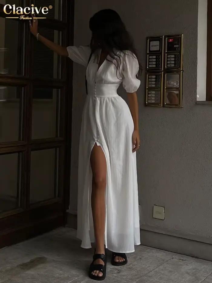 Clacive biela Sexy jednoduché zapínanie na gombíky dámske šaty 2022 elegantné krátke rukávy výstrih do V večerné