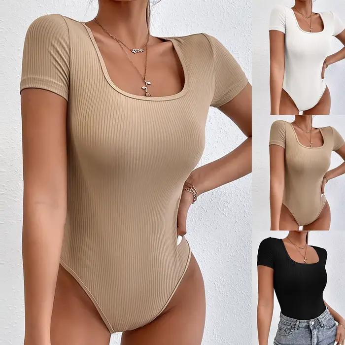 Combinaisons sexy d'été à manches courtes, col carré côtelé, couleur unie, une pièce, moulante, contrôle du ventre, body shapers, hauts