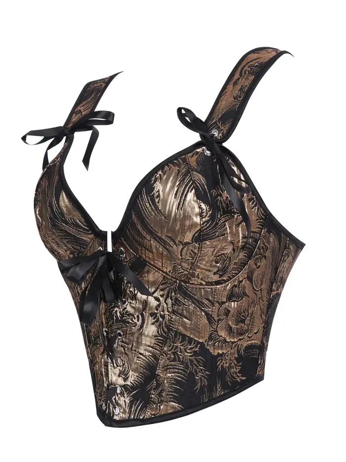 Corset pour femme noir et or, jacquard baroque, avec nœud à nouer, larges bretelles, décolleté en V profond sur le devant et au dos, à lacets, bustier structuré