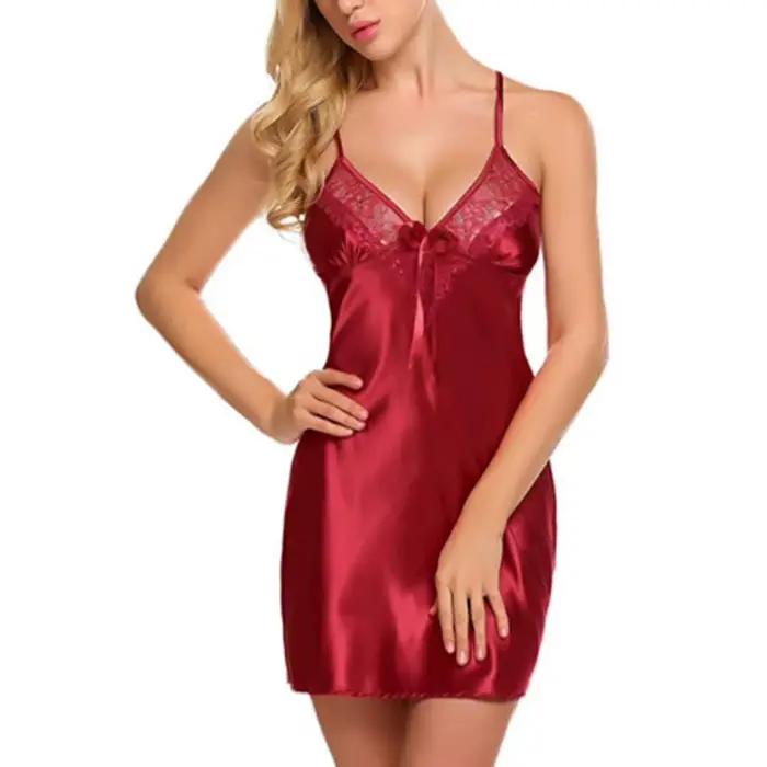 Ženská sexy čipka prakový hodvábny pyžamový set pohodlné nočné oblečenie nočná košeľa s výstrihom do V a odhaleným chrbtom
