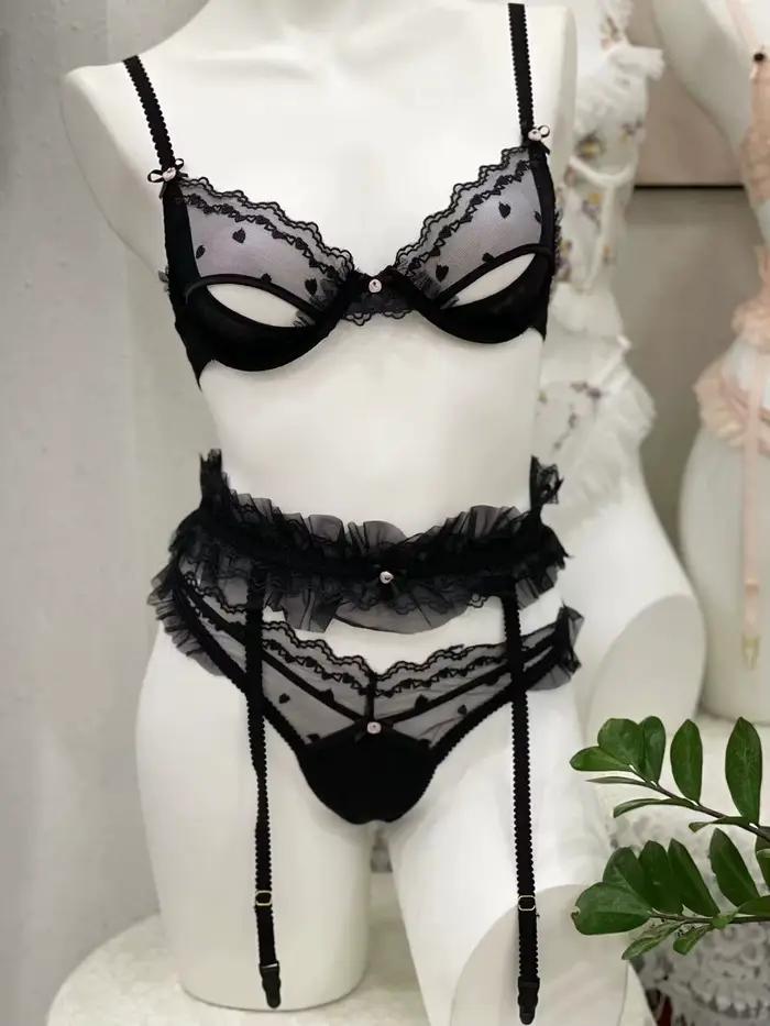 Ensemble de lingerie féminine en dentelle rose et noire avec soutien-gorge push-up et culotte jarretières pour femmes sexy occassions spéciales