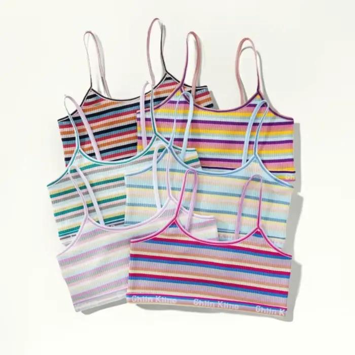 Soutien-gorge en coton respirant pour femme, bralette fine pour petite poitrine, soutien-gorge rayé coloré pour fille, sous-vêtements confortables, sans coussin, canadistes