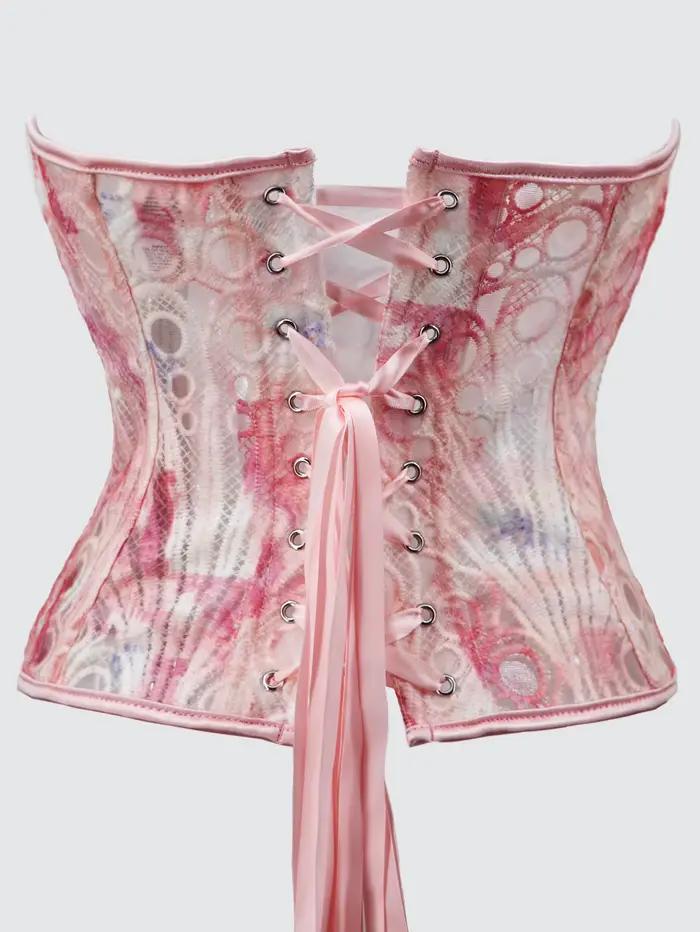 Corset en dentelle imprimé floral pour femme, style gothique, rose, élégant, avec effet ventre plat, à lacets et baleines