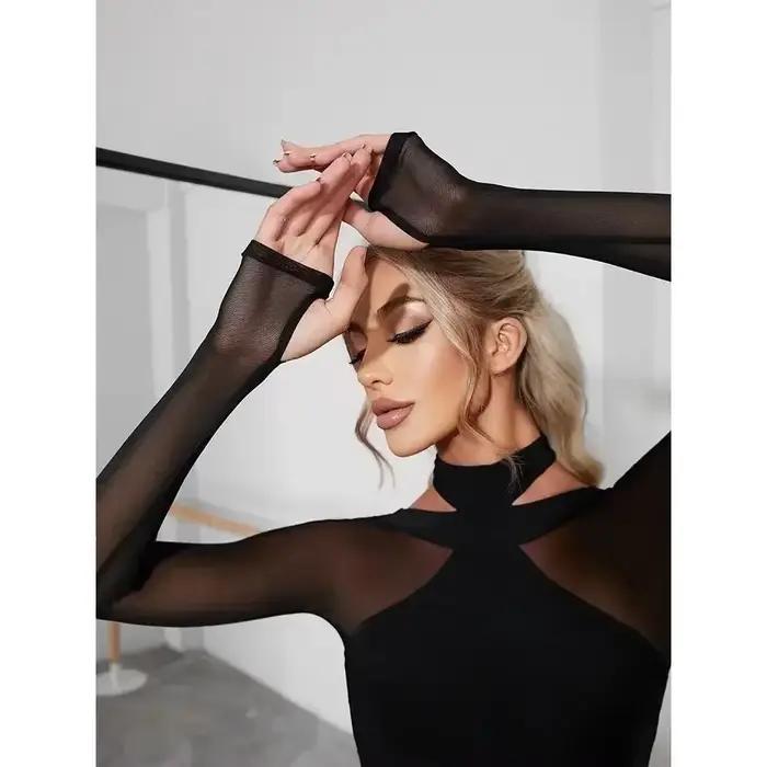 Haut de corps de danse latine pour femmes, maille noire, joint, dos nu, paire de ceintures, robe de danse, Lingerie, entraînement, Performance, pôle danse
