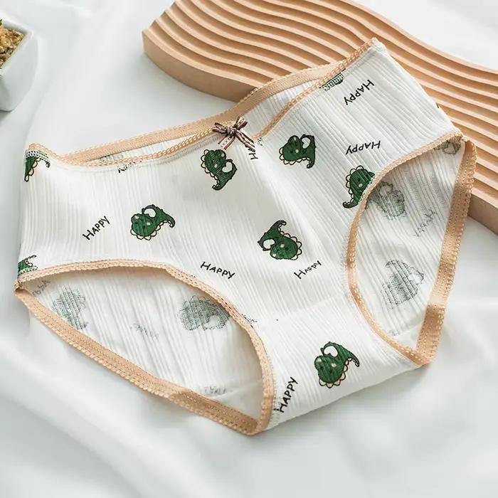 Culotte verte sous-vêtements en coton pour femmes, slip confortable avec nœud à la mode, taille moyenne, sans couture, joli dessin animé pour filles