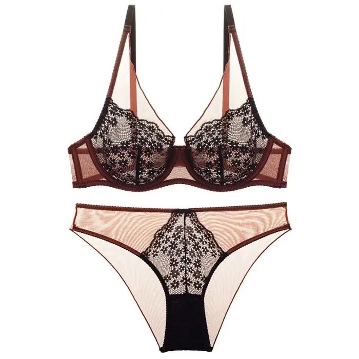 Ensemble soutien-gorge et culotte vintage français en dentelle florale, lingerie push-up sans couture pour femme, culotte florale en dentelle pour fille