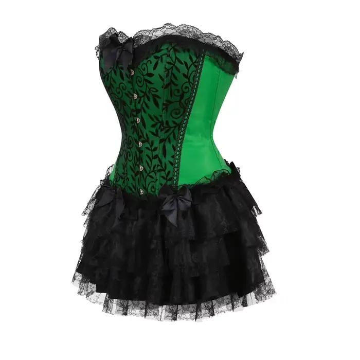 Čipkovaný večerný korzetový voľný sexy šaty pre ženy zelená Lingerie a čierna čipka mini sukňa Showgirl tanec S-2XL