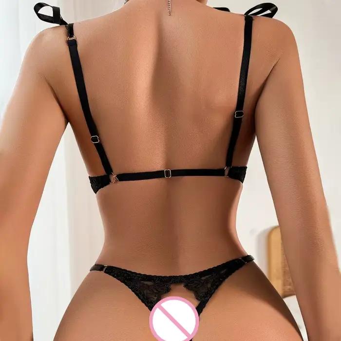 Ensemble de lingerie sexy pour femmes, dentelle patchwork, broderie, sous-vêtements transparents, maille porno, nœud papillon, dentelle, body sculptant
