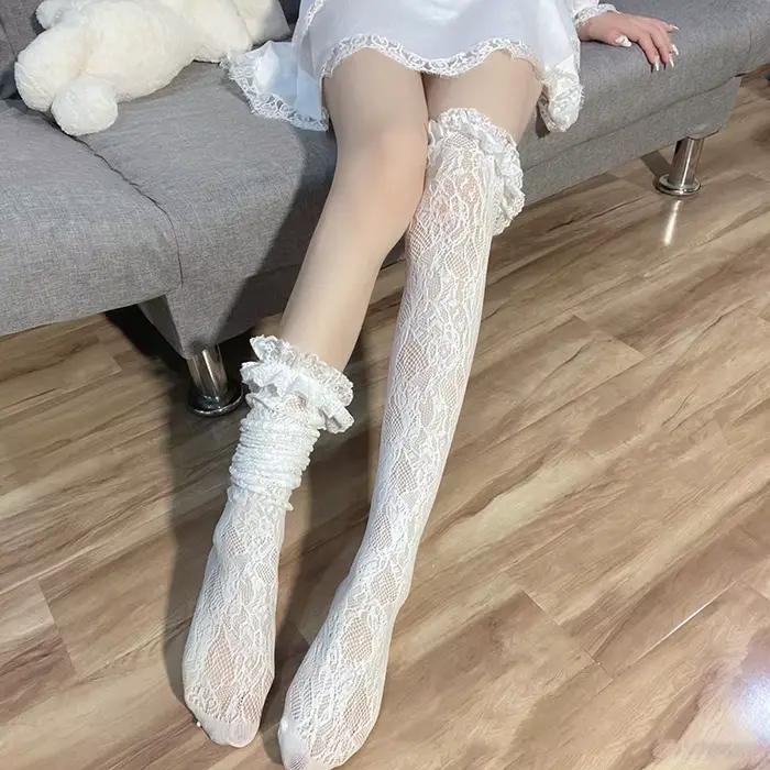 Bas hauts à rayures en dentelle pour femmes, bas ajouré Sexy, noir et blanc, bas Style Lolita