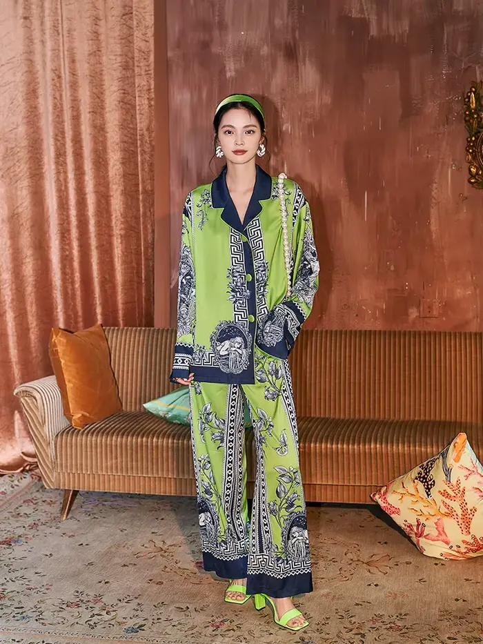 Pyjama de style bohème original pour femmes, ensemble de vêtements de nuit à manches longues, de haute qualité, pour le printemps et l'automne, couleur verte, 600