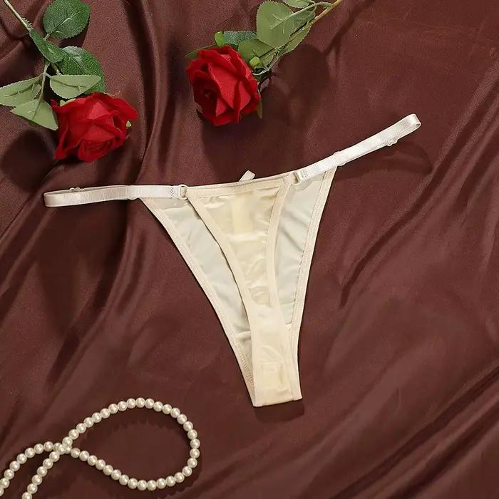 String T-back taille basse en satin transparent avec nœud, lingerie brodée, culotte transparente romantique pour femme, pour la maison
