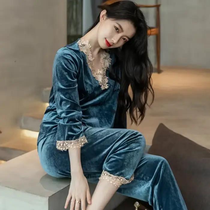 Ensemble de pyjamas en velours pour femmes, automne-hiver, manches longues, pantalon long, vêtements de maison, confortables, décontractés, élégants, vêtements de nuit