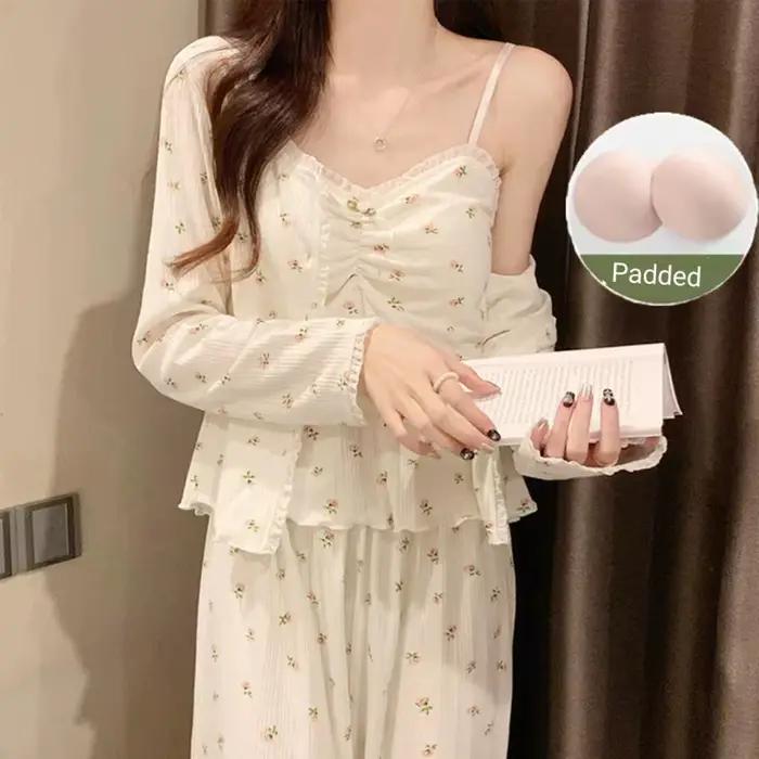 Pyjama à manches longues pour femme, ensemble trois pièces avec coussin, pantalon à bretelles, doux, vêtements de maison, printemps et automne