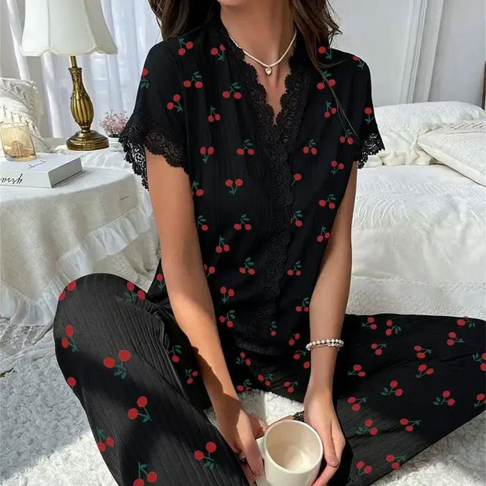 Pyjama pour femmes, ensemble de pyjama sexy en dentelle à col en U, short de nuit, vêtements de nuit, nouveau