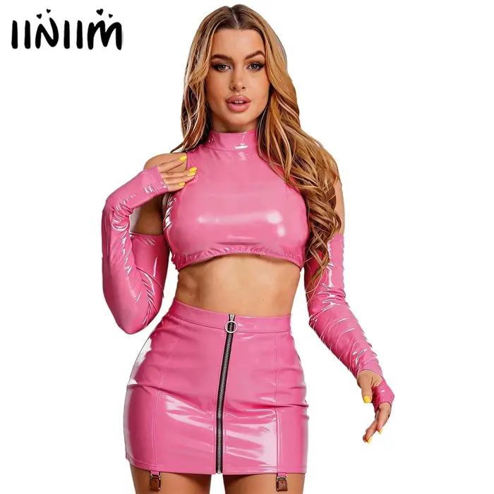 Tenues de pole dance pour femmes, effet cuir PU, tenue de clubbing, crop top découpé, fermeture éclair avant, dentelle florale au dos, mini-jupe moulante