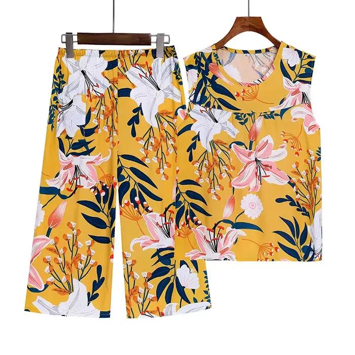 XL-4XL Pyjama Pour Femme Nouveau Imprimé D'âge Moyen Mère Deux Pièces Ensemble FiglaCapri Pantalon Trempé Vêtements De Nuit Femmes Pyjamas