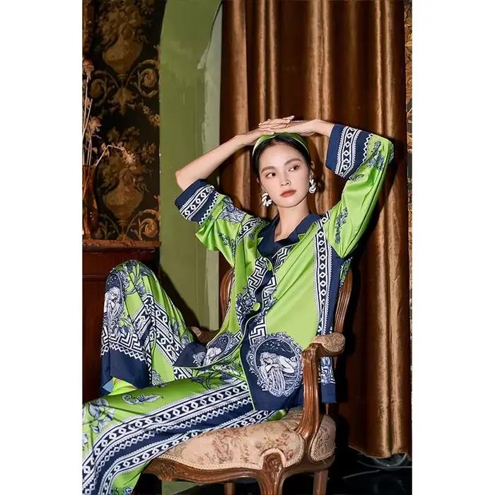 Pyjama de style bohème original pour femmes, ensemble de vêtements de nuit à manches longues, de haute qualité, pour le printemps et l'automne, couleur verte, 600