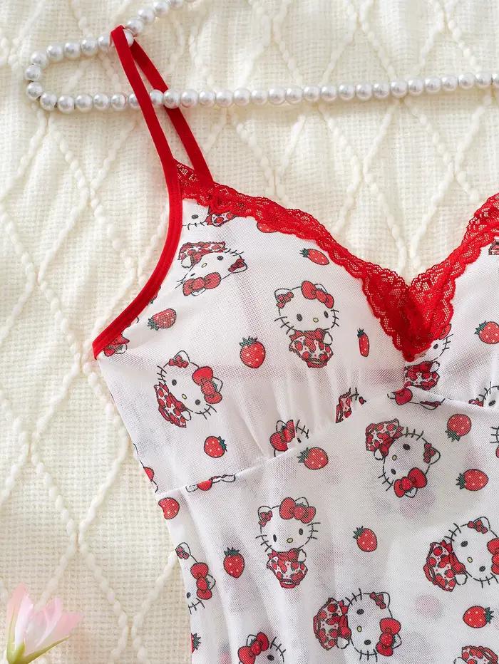 Robe de nuit rose Hello Kitty pour femmes, imprimé Sanrio, robe sexy en dentelle pour adultes, robe de nuit érotique, style mignon et confortable, cadeaux, design tendance