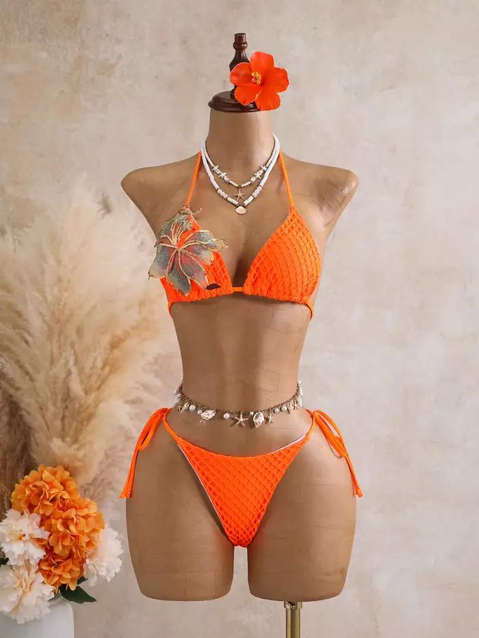 Sexi oranžový 3D kvetinový bikini set pre ženy 2026