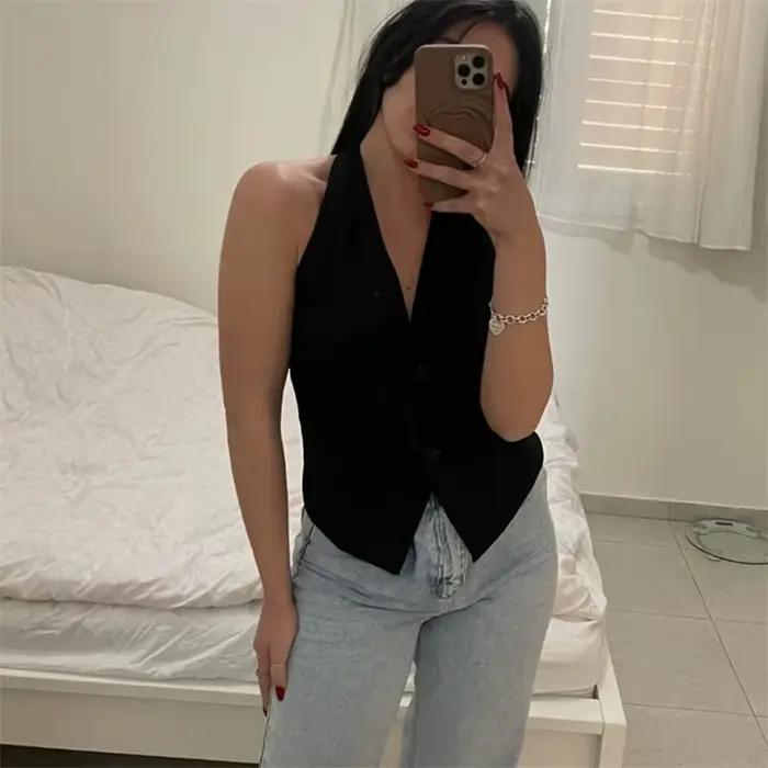 Veste Mujer en polyester avec coupe courte et col en V pour femmes style high street toutes saisons