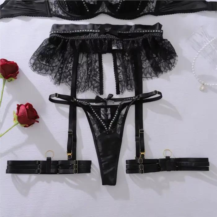 Ensemble de Lingerie en dentelle bleu marine avec paillettes, soutien-gorge Push Up, string, porte-jarretelles, gants longs, ras du cou en perles, sous-vêtements érotiques Sexy pour femmes