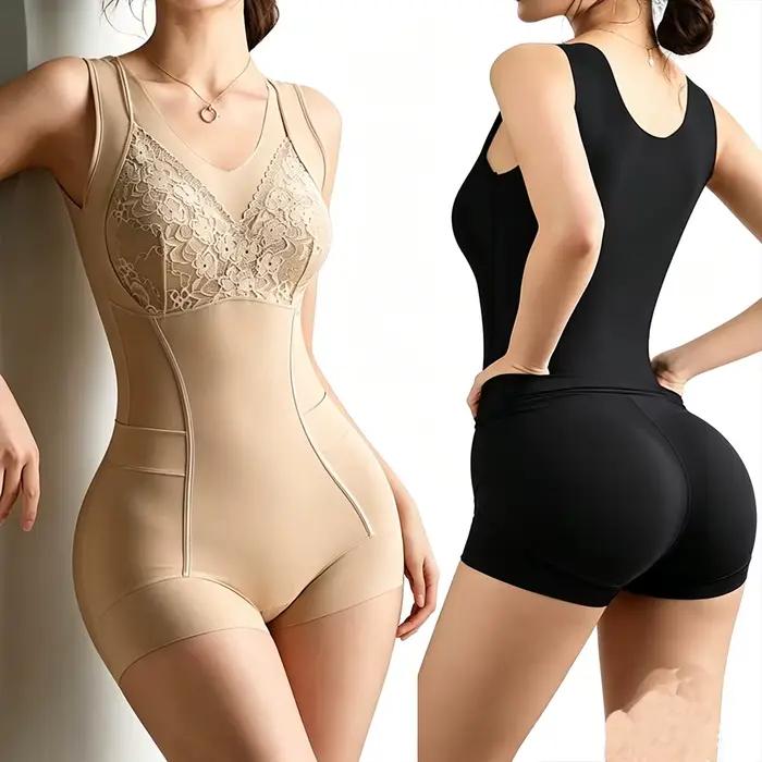 Body sculptant pour femme avec contrôle abdominal, design ouvert aux hanches, appliqué, post-partum, avec soutien-gorge intégré