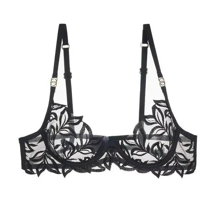 Ensemble soutien-gorge et slip en dentelle pour femmes, Lingerie transparente, haut en coton fin, Sexy, brodé, ajouré, dos en T, doux