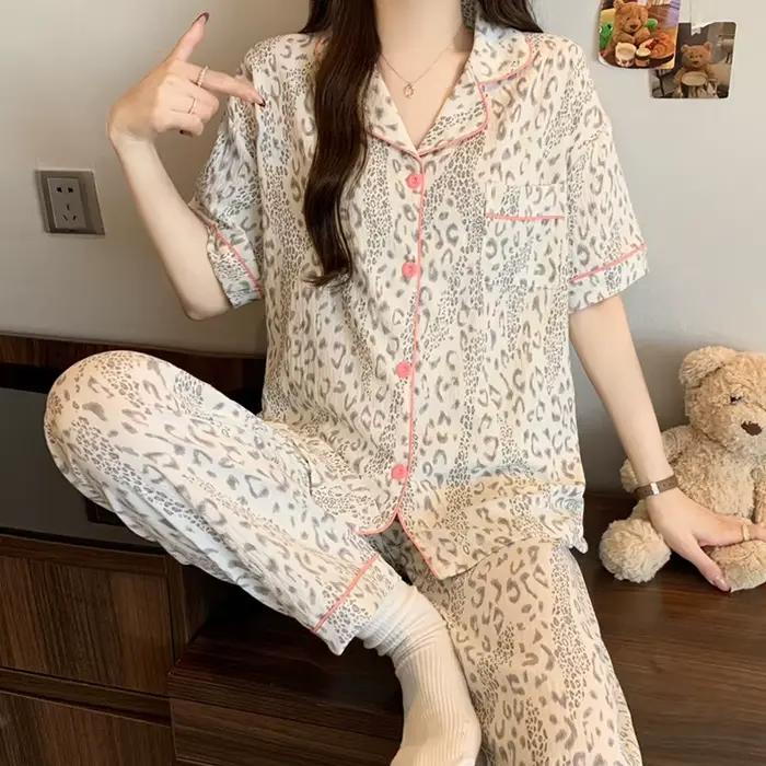 Pyjama doux à nœuds de style français pour femme : ensemble d'été à manches courtes et pantalon long avec imprimé nuage, vêtements de détente en coton doux et confortable
