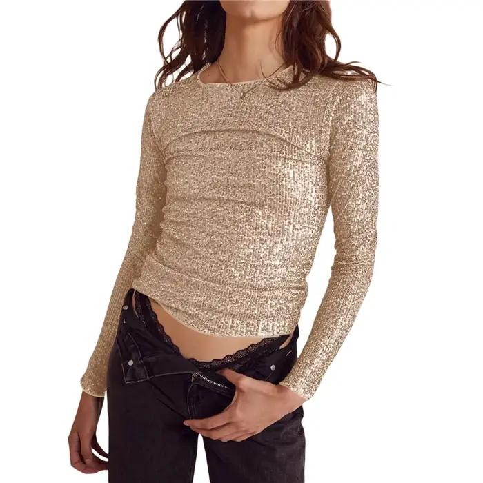 T-shirt court pour femme en polyester et coton, pailletté, avec manches longues, ajustement mince, col rond, idéal pour les soirées, sorties et occasions spéciales