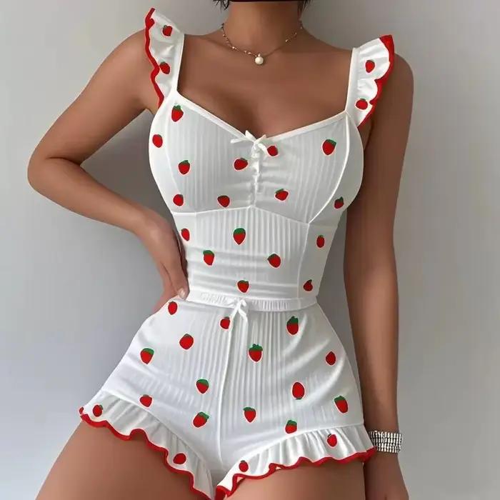 Ensemble de pyjama côtelé imprimé fraises pour femme - Haut de pyjama à volants et short 2 pièces pour dormir et se détendre