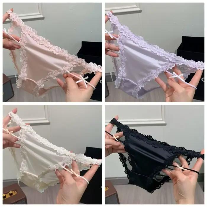 Culottes en dentelle style français, taille basse, fines, en maille ajourée, en satin de soie, pour femme