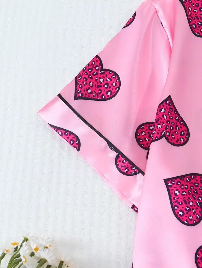[Saint valentin] Pyjama 2 pièces en satin avec imprimé cœur, short à manches courtes, pyjama pour femme, ensemble de vêtements de détente adapté à un usage domestique