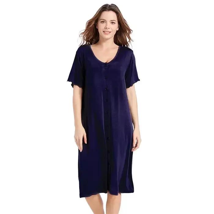Robe de nuit d'été Sexy à manches courtes, avec boutons, mi-longue, confortable, lisse, en Viscose, vêtements de maison pour femmes
