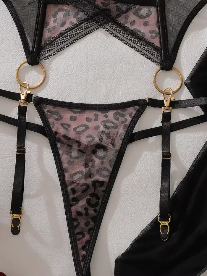Ensemble de lingerie sexy transparente motif léopard avec gants en maille élégants, tenue de nuit sculptante ajourée pour femme