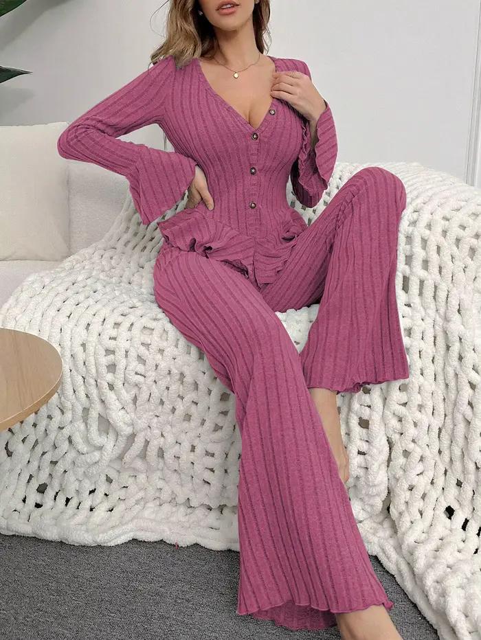 Ensemble pyjama deux pièces pour femmes, vêtements de nuit, Sexy, col en V, manches longues, hauts et pantalons, vêtements de maison, automne et hiver