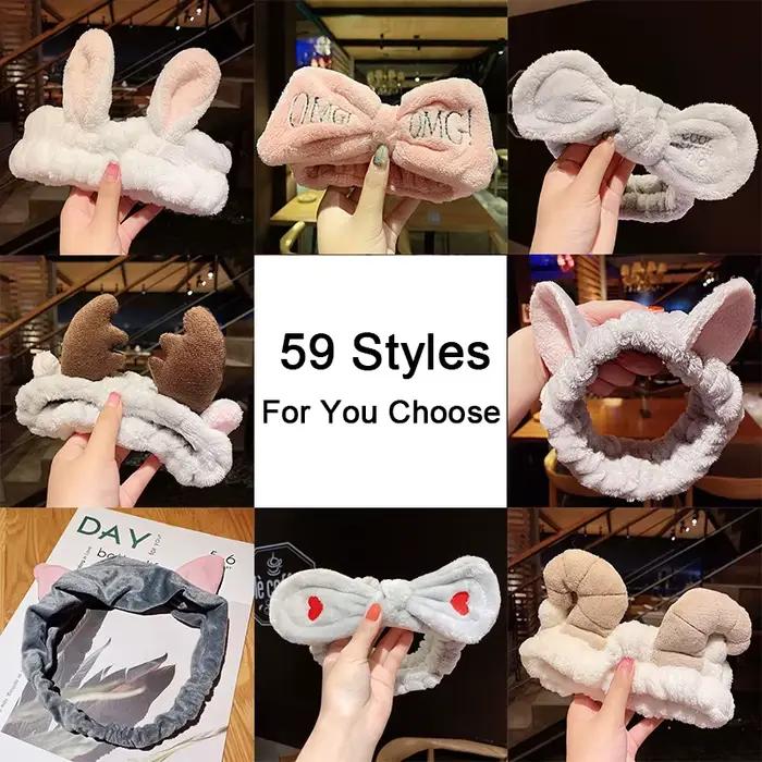 Mäkký a teplý čelenka z coral fleece s mašľou a zvieracími ušami na umývanie tváre pre ženy a dievčatá
