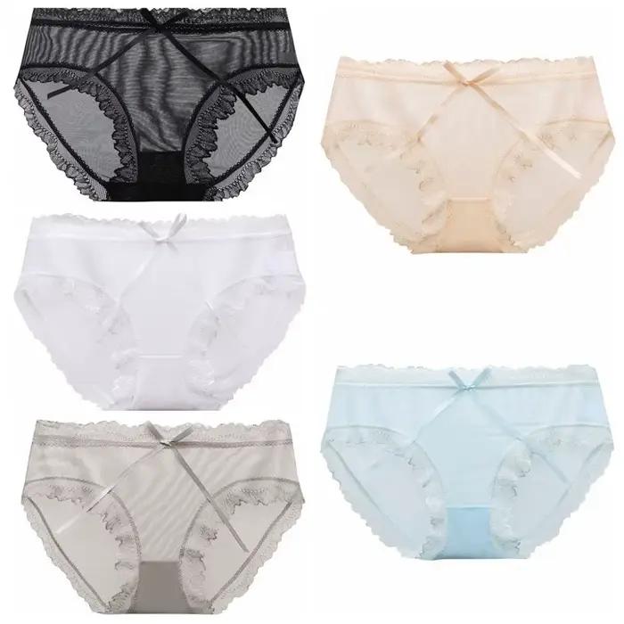 Culottes en dentelle taille basse en soie glacée avec nœud pour femme, entrejambe en coton, sans couture