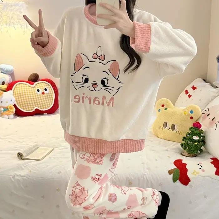 Nouveau Marie chat pyjama ensembles pour femmes chaud en peluche hiver pyjamas Homewear épais corail polaire mignon doux Anime périphérie