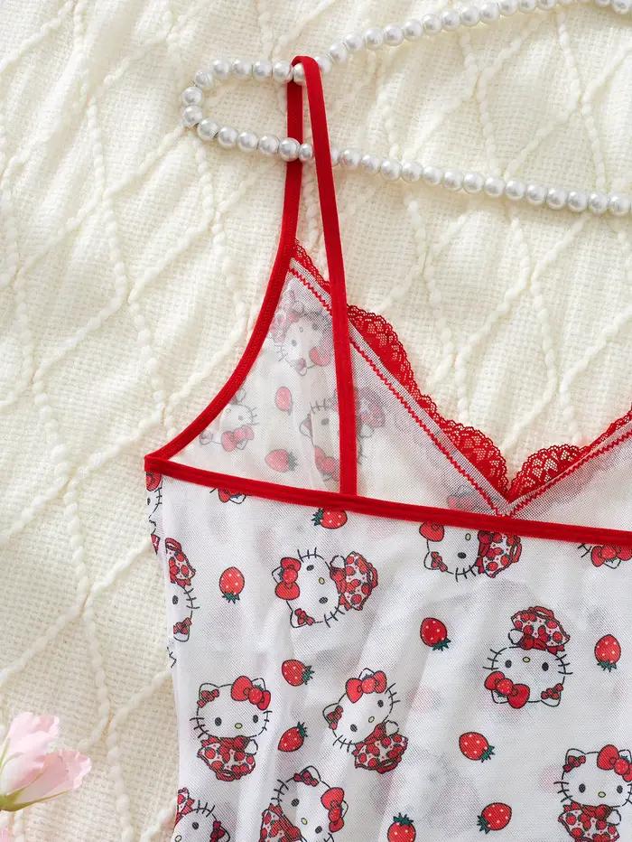 Robe de nuit rose Hello Kitty pour femmes, imprimé Sanrio, robe sexy en dentelle pour adultes, robe de nuit érotique, style mignon et confortable, cadeaux, design tendance